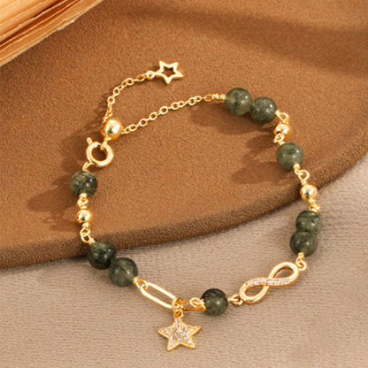 Pulsera de protección de estrellas de amor eterno con lazo de Möbius de cuarzo rutilado verde en oro de 14 quilates de Buddha Stones 