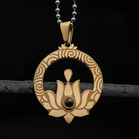 Collar con colgante de mantra Shurangama de proyección de iluminación de acero de titanio con loto y piedras de Buda 