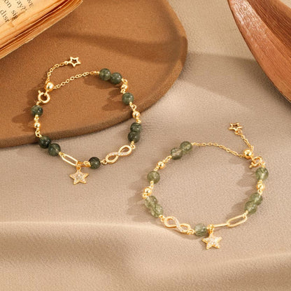 Pulsera de protección de estrellas de amor eterno con lazo de Möbius de cuarzo rutilado verde en oro de 14 quilates de Buddha Stones 