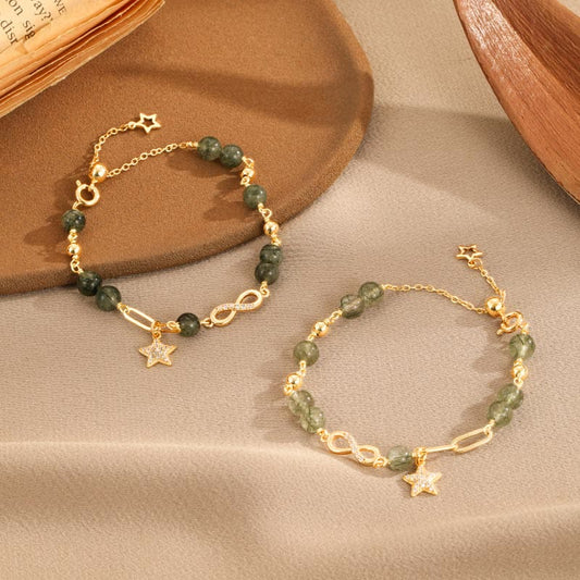 Pulsera de protección de estrellas de amor eterno con lazo de Möbius de cuarzo rutilado verde en oro de 14 quilates de Buddha Stones 