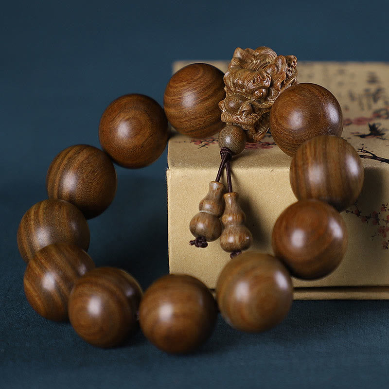 Pulsera de protección con piedras de Buda, palisandro, sándalo verde, hoja pequeña, sándalo rojo, agar y dragón tallado 