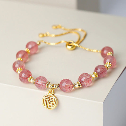 Pulsera con dije positivo de cuarzo fresa natural con piedras de Buda, chapada en oro de 14 quilates