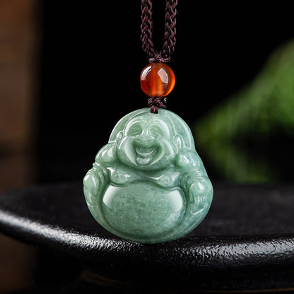 Collar con colgante de hilo de jade cian y piedras de Buda sonriente