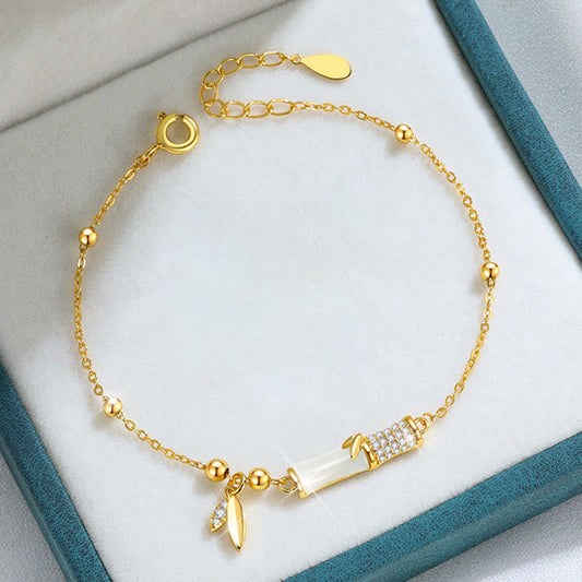 Buddha Stones 925 Sterling Silber 18 Karat vergoldet Weißer Jade Bambus Zirkon Blatt Glücksarmband