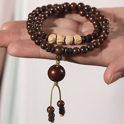 Pulsera de doble vuelta con semillas de Bodhi y sándalo rojo de hoja pequeña con piedras de Buda y sándalo
