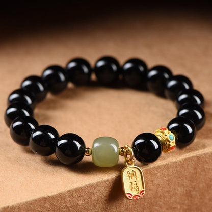 Pulsera de amuleto de la suerte con cuentas de jade hetiano de ónix negro y piedras de Buda