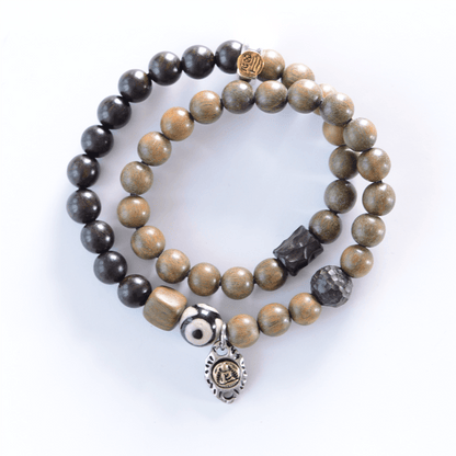Pulsera de doble vuelta con cuentas Dzi de tres ojos de madera de ébano y sándalo verde tibetano con piedras de Buda y carácter Fu, equilibrio y paz.