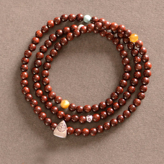 Buddha Stones 925 Sterling Silber Indisches kleines Blatt Rotes Sandelholz Fu Charakter Schutz Dreifach Wickelarmband