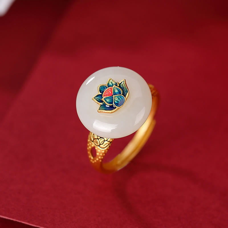 Buddha Stones 925 Sterling Silver Plated Gold Hetian Jade Lotus Luck Ring Earrings Set - Touch Bling