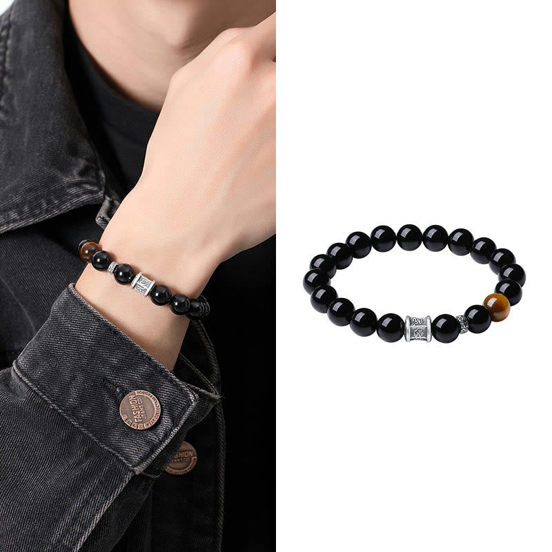 Pulsera de obsidiana negra con ojo de tigre y piedras de Buda en plata de ley 999 con el símbolo del Om Mani Padme Hum 