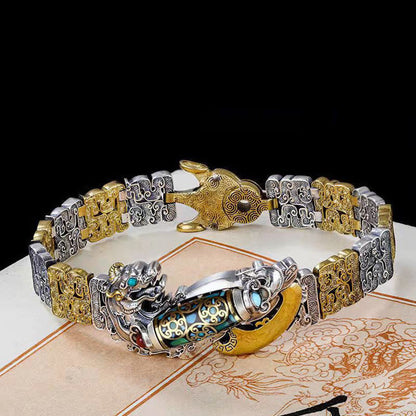 Pulsera de la riqueza con cuentas Dzi tibetanas de nueve ojos y monedas de cobre y turquesa PiXiu 