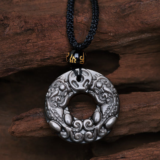 Buddha-Steine, natürlicher Silberglanz, Obsidian, Doppel-PiXiu, Kupfermünze, Friedensschnalle, Schutz-Halskettenanhänger