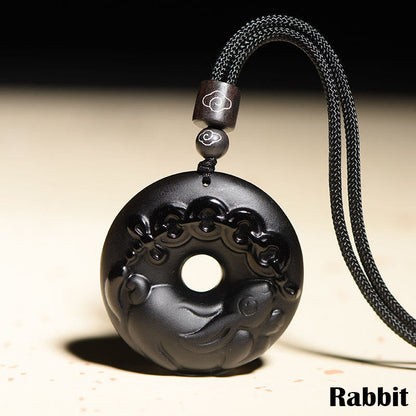 Collar con colgante de obsidiana negra natural con piedras de Buda y hebilla de fuerza del zodiaco chino
