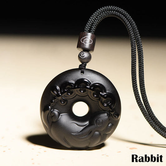 Buddha-Steine, chinesisches Sternzeichen, natürlicher schwarzer Obsidian, Friedensschnalle, Stärke, Halskettenanhänger