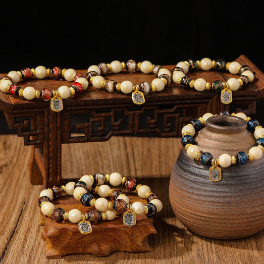 Pulsera de protección con cuentas de porcelana, ceniza de incienso y vidrio Liuli, con amuleto tibetano Zakiram, diosa de la riqueza