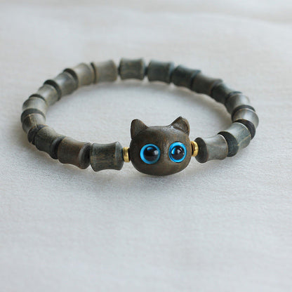Pulsera de la paz con piedras de Buda, madera de ébano y sándalo verde, con un bonito gato