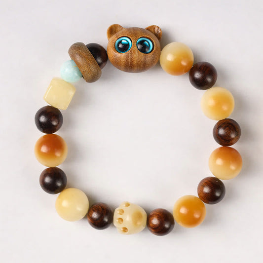 Pulsera de la paz con garra de pata y cabeza de gato de la suerte con semillas de bodhi naturales de Buda y sándalo