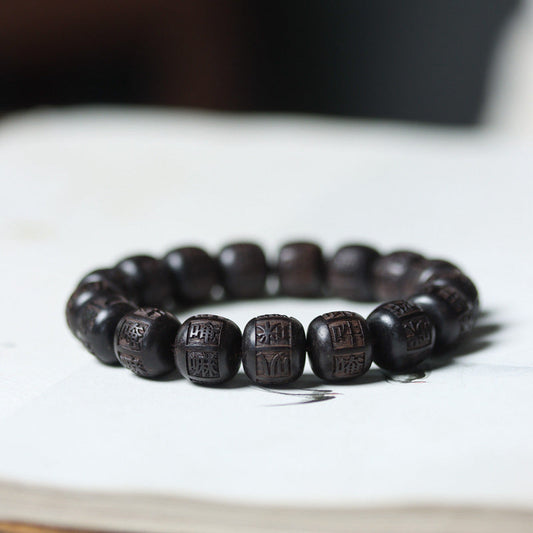 Pulsera de equilibrio con piedras de Buda, madera de ébano del Tíbet y grabado Om Mani Padme Hum