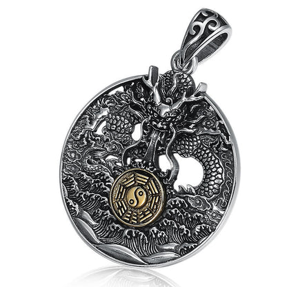 Collar con colgante de piedra de Buda, ondas de dragón, Yin Yang, Bagua, suerte y fuerza 