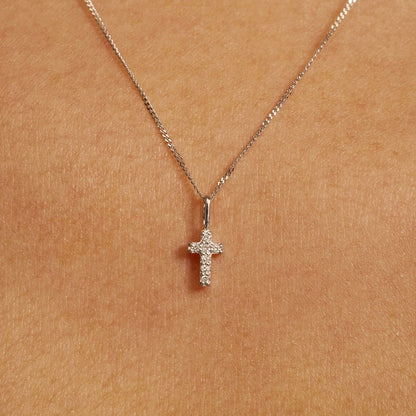 Solid White Gold Genuine Diamond Tiny Cross Necklace