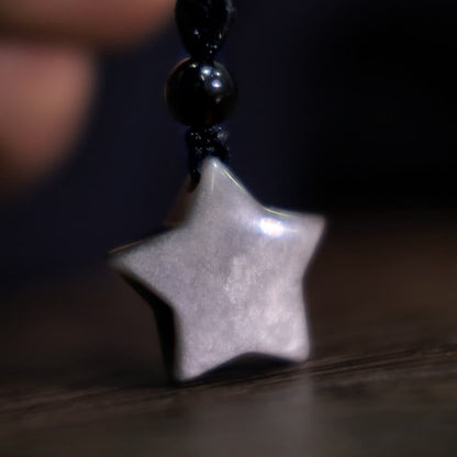 Buddha Stones Natural Silver Sheen Obsidian Star Crescent Moon Protection Necklace Pendant