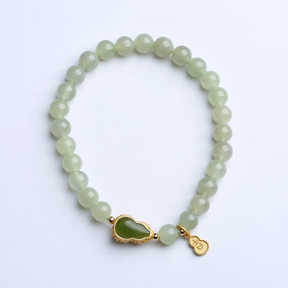 Buddha Stones 925 Sterling Silver Plated Gold Natural Hetian Jade Bead Gourd Lotus Bamboo Fu Character Luck Bracelet