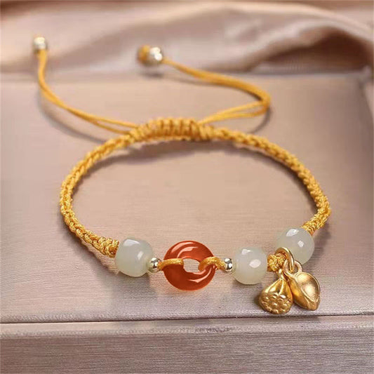 Pulsera trenzada de curación de loto de jade con hebilla de paz de ágata roja y piedras de Buda