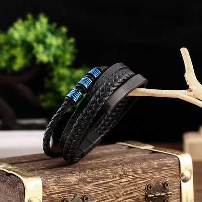 Pulsera trenzada multicapa de cuero y acero de titanio con hebilla magnética y piedras de Buda