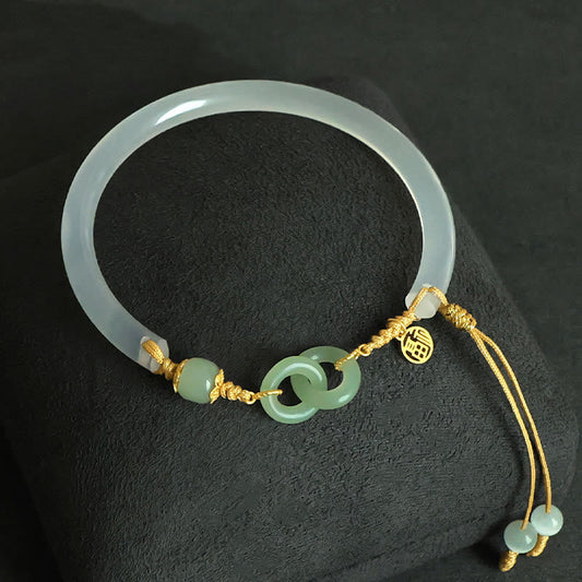 Pulsera de plata de ley 925 con piedras de Buda, ágata blanca natural, jade hetiano, doble hebilla de paz y carácter Fu