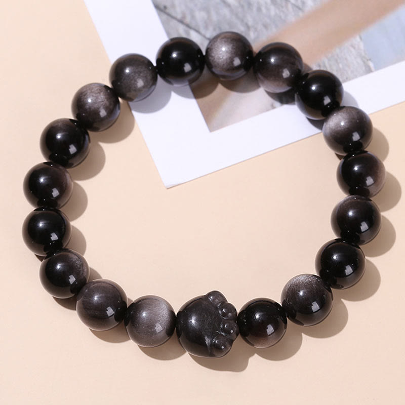Pulsera de riqueza con garra de gato y obsidiana con brillo dorado natural y obsidiana con brillo plateado. 