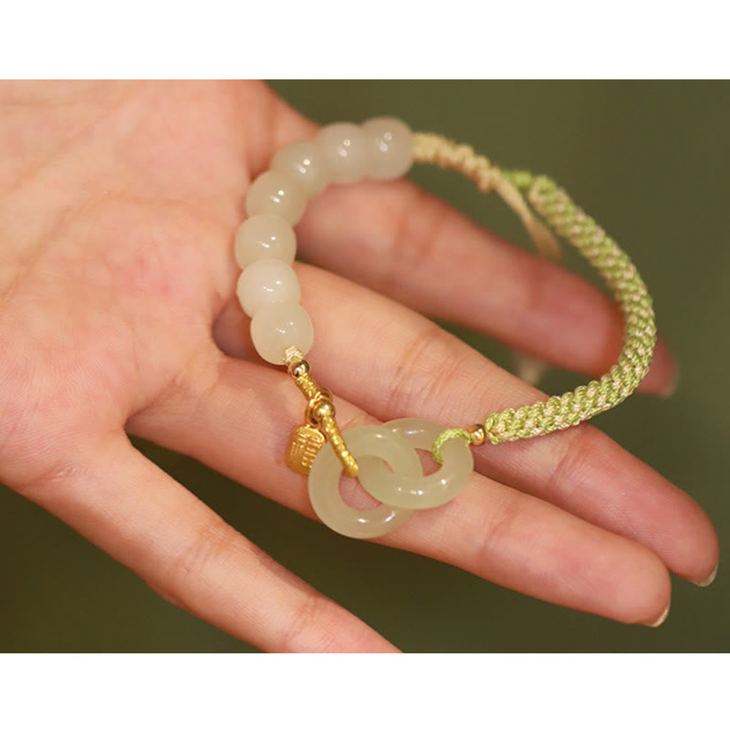 Pulsera trenzada con cuentas de jade hetiano natural de Buda y doble hebilla de paz con carácter Fu 