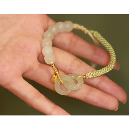 Pulsera trenzada con cuentas de jade hetiano natural de Buda y doble hebilla de paz con carácter Fu 