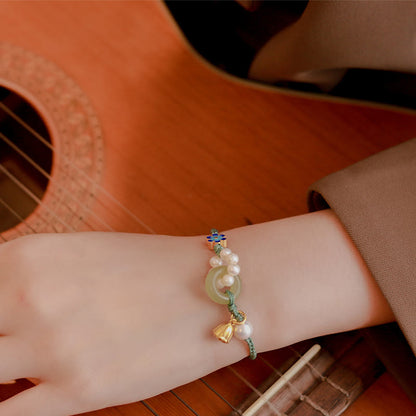 Buddha Stones Natürliche Hetian Jade Peace Buckle Pearl Luck Handgefertigtes geflochtenes Armband