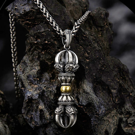 Collar con colgante de riqueza con diseño de Dorje Vajra tibetano y piedras de Buda 
