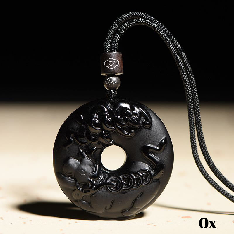 Collar con colgante de obsidiana negra natural con piedras de Buda y hebilla de fuerza del zodiaco chino