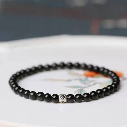 Pulsera de piedra de Buda con obsidiana negra natural y cuarzo ahumado para purificación y fuerza