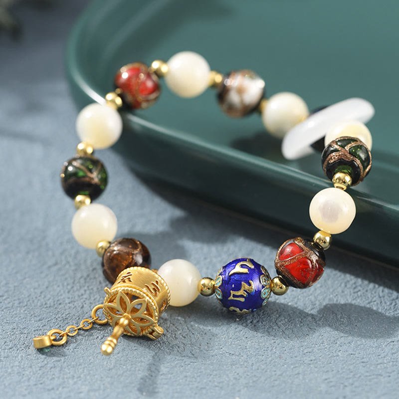 Pulsera con dijes de rueda de oración Om Mani Padme Hum, piedra de Buda, incienso tibetano, ceniza, vidrio Liuli, piedra Tridacna, piedra del sol