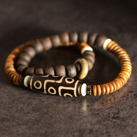 Buddha Stones Tibetische Neun-Augen-Dzi-Perle Grünes Sandelholz Ebenholz Peace Doppelwickelarmband