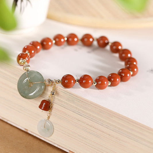 Pulsera de confianza con piedras de Buda, jade, ágata roja, relleno de oro de 14 quilates, hebilla de la paz, moneda de cobre y calabaza 
