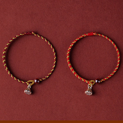 Pulsera trenzada con dije de paz y alegría de loto, hecha a mano con piedras de Buda y cuerda de oro rojo 