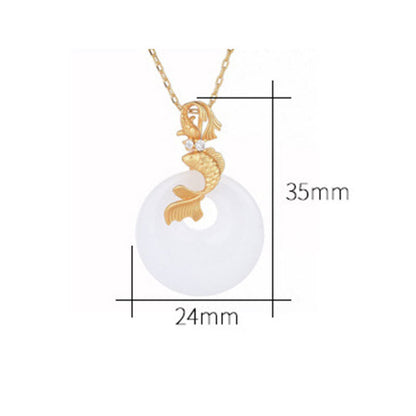 Buddha Stones Halskette mit Anhänger aus weißer Jade mit Koi-Fisch