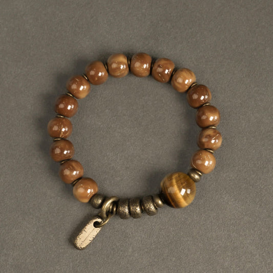 Pulsera de la suerte con piedras de Buda, semilla de Kuka, ojo de tigre, obsidiana dorada y cobre