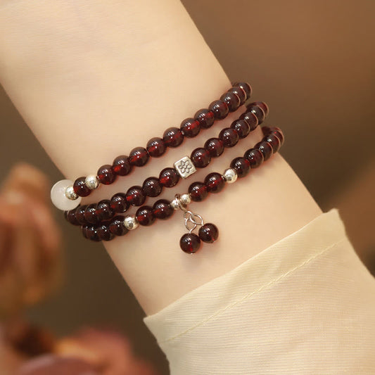 Buddha Stones Armband aus 925er Sterlingsilber mit natürlichem Granat und Katzenaugen-Schutz, dreifach gewickelt 