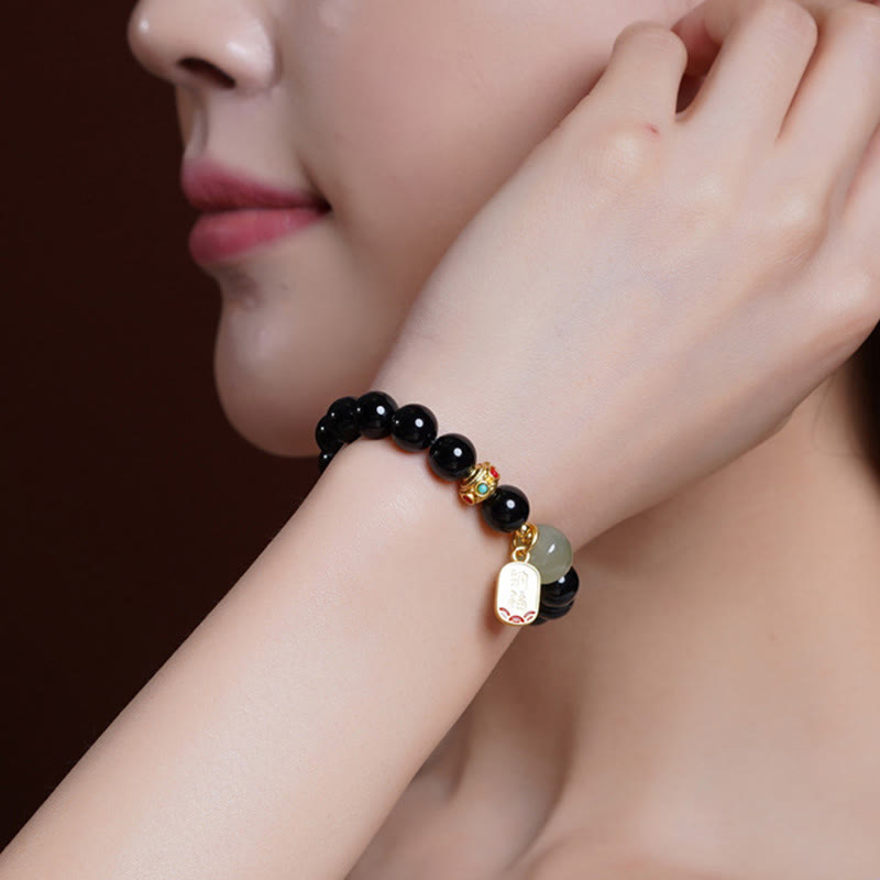 Pulsera de amuleto de la suerte con cuentas de jade hetiano de ónix negro y piedras de Buda