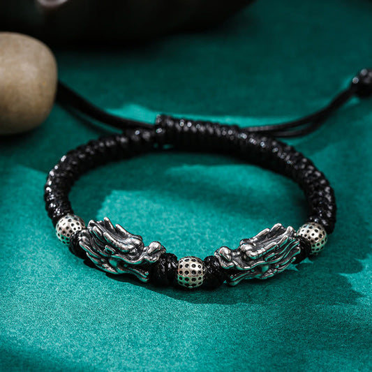 Buddha Stones 999 Sterling Silber Doppeldrache Glück Handgefertigtes geflochtenes Armband