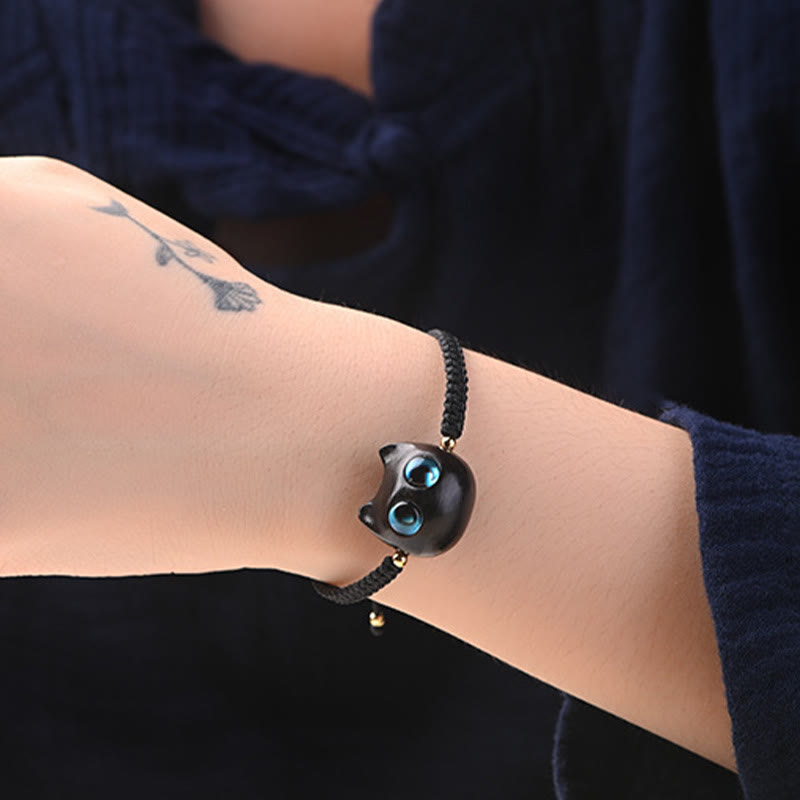 Buddha-Steine, kleines Blatt, rotes Sandelholz, Ebenholz, süßer Katzenkopf, ruhiger Schutz, geflochtenes Armband 