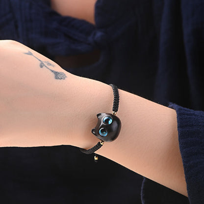 Buddha-Steine, kleines Blatt, rotes Sandelholz, Ebenholz, süßer Katzenkopf, ruhiger Schutz, geflochtenes Armband 