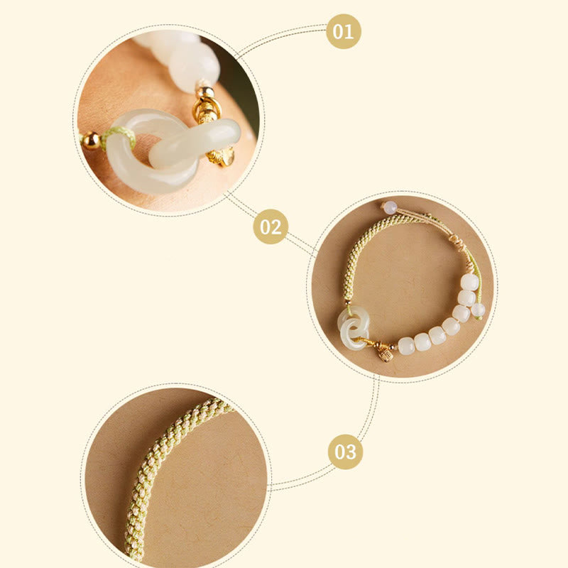 Pulsera trenzada con cuentas de jade hetiano natural de Buda y doble hebilla de paz con carácter Fu 