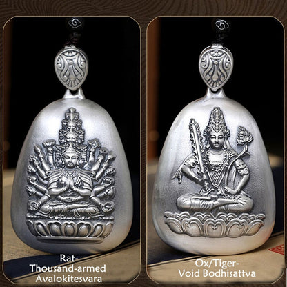 Buddha Stones 999 Sterling Silver Chinese Zodiac Natal Buddha Heart Sutra Engraved Protection Necklace Pendant