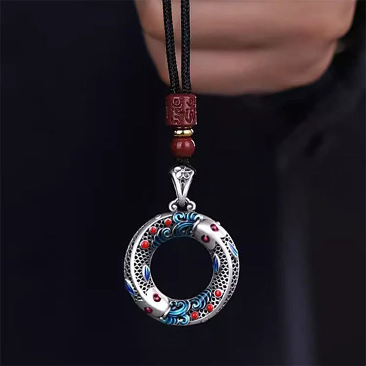 Collar con colgante de cobre con piedras de Buda y pez koi, hebilla de la paz, riqueza y suerte